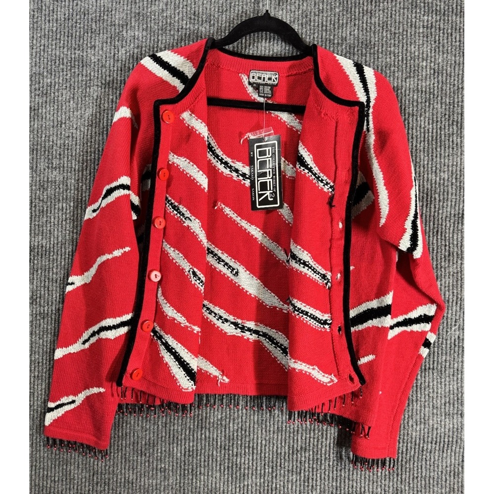 VTG Berek Beaded Fringe Cardigan Sweater XL -Red Black Gray Zebra Stripe NOS NWT - Picture 12 of 16